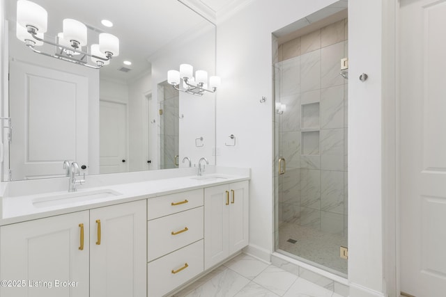12084 River Beauty Loop Unit 101, Prospect, KY 40059 - bathroom with a stall shower, ornamental molding, marble finish floors, a chandelier, and double vanity