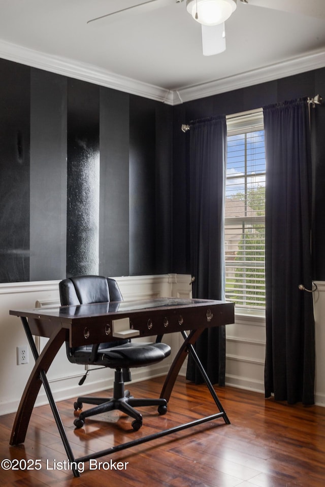 home office featuring crown molding and wood finished floors