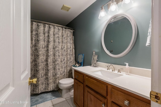 full bath with toilet, curtained shower, visible vents, tile patterned flooring, and vanity