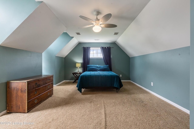 bedroom with light colored carpet, baseboards, ceiling fan, and visible vents