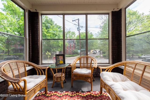 sunroom with an outdoor hangout area and carpet floors