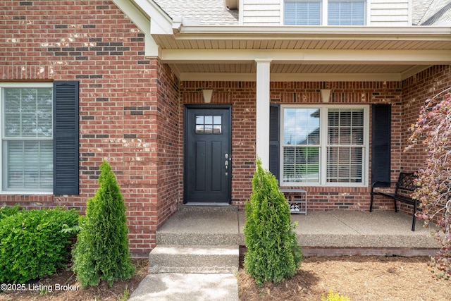 doorway to property with brick siding