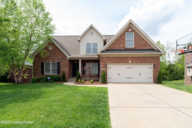 view of front of house featuring concrete driveway, brick siding, a front lawn, and a shingled roof