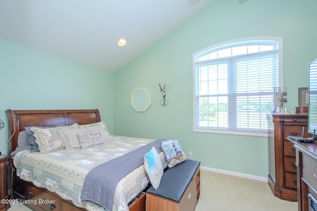 bedroom with lofted ceiling, light carpet, multiple windows, baseboards, and recessed lighting