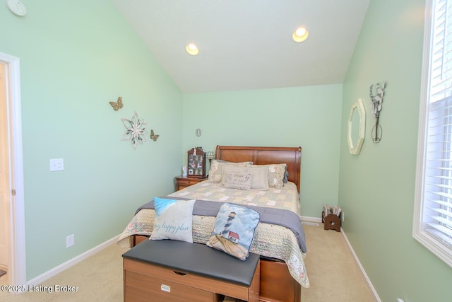 bedroom with lofted ceiling, carpet floors, baseboards, and recessed lighting