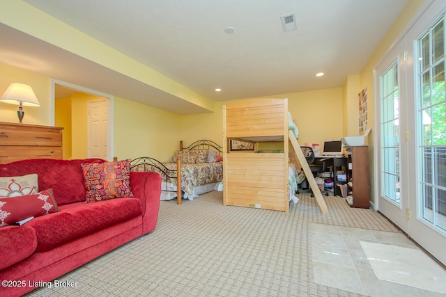 bedroom with access to exterior, carpet floors, recessed lighting, and an office area