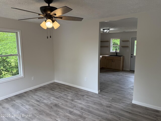 525 Leavette Ave, Leitchfield, KY 42754 - unfurnished room with a textured ceiling, wood finished floors, a ceiling fan, a sink, and baseboards