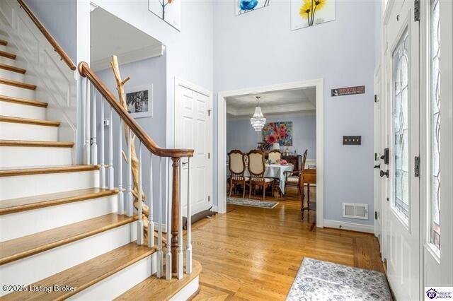 3507 Bridgegate Ct, Louisville, KY 40272 - entryway with stairs, light wood-type flooring, a towering ceiling, plenty of natural light, and baseboards