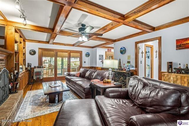 3507 Bridgegate Ct, Louisville, KY 40272 - living area featuring coffered ceiling, wood finished floors, french doors, a ceiling fan, and beamed ceiling