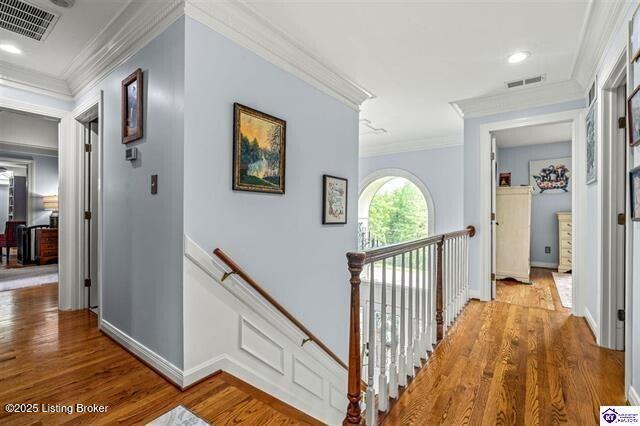 3507 Bridgegate Ct, Louisville, KY 40272 - hall featuring an upstairs landing, crown molding, wood finished floors, baseboards, and recessed lighting