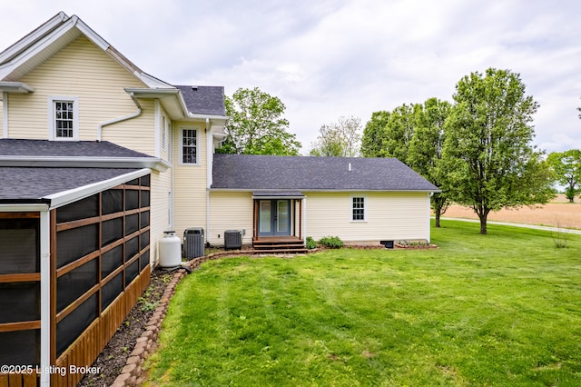 1836 Ellis Rd, Eminence, KY 40019 - rear view of property featuring cooling unit, a lawn, roof with shingles, and french doors