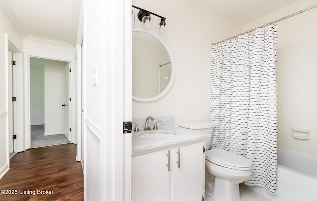 4002 Ciremos Ter, Louisville, KY 40241 - full bath featuring vanity, crown molding, toilet, wood finished floors, and shower / bathtub combination with curtain