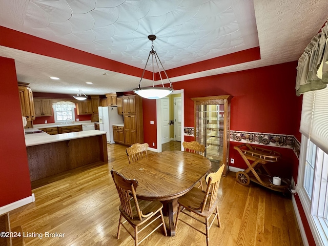 dining space featuring a tray ceiling, a textured ceiling, baseboards, and light wood-style floors