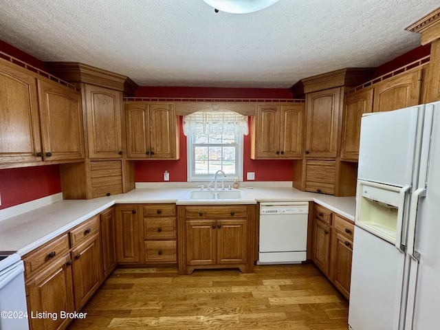 kitchen featuring brown cabinets, a sink, a textured ceiling, white appliances, and light wood-style floors