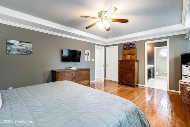 13216 Willow Forest Dr, Louisville, KY 40245 - bedroom featuring a tray ceiling, hardwood / wood-style flooring, ornamental molding, baseboards, and ceiling fan