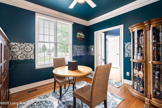 13216 Willow Forest Dr, Louisville, KY 40245 - dining area with baseboards, ornamental molding, ceiling fan, and wood finished floors