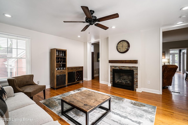 13216 Willow Forest Dr, Louisville, KY 40245 - living area featuring ceiling fan, wood finished floors, a fireplace, recessed lighting, and baseboards