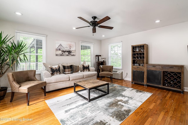 13216 Willow Forest Dr, Louisville, KY 40245 - living room with wood-type flooring, ceiling fan, recessed lighting, and a wall mounted air conditioner