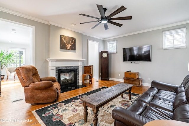 13216 Willow Forest Dr, Louisville, KY 40245 - living area with ceiling fan, wood finished floors, crown molding, a high end fireplace, and baseboards
