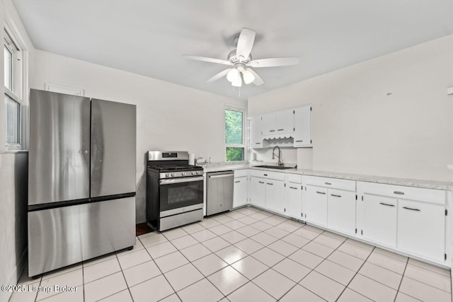 1412 Bluegrass Ave, Louisville, KY 40215 - kitchen featuring a ceiling fan, a sink, stainless steel appliances, white cabinetry, and light countertops