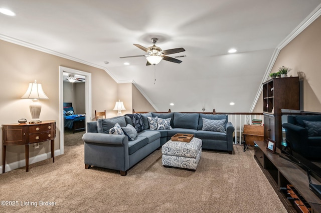10243 Dorsey Pointe Cir, Louisville, KY 40223 - carpeted living area with a ceiling fan, crown molding, recessed lighting, and baseboards