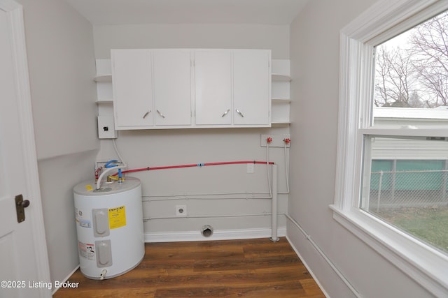 1024 Berry Blvd, Louisville, KY 40215 - laundry room with water heater, cabinet space, dark wood-style floors, hookup for an electric dryer, and baseboards