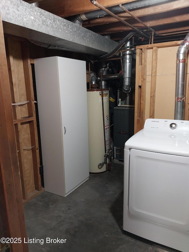 unfinished below grade area with washer / clothes dryer and gas water heater