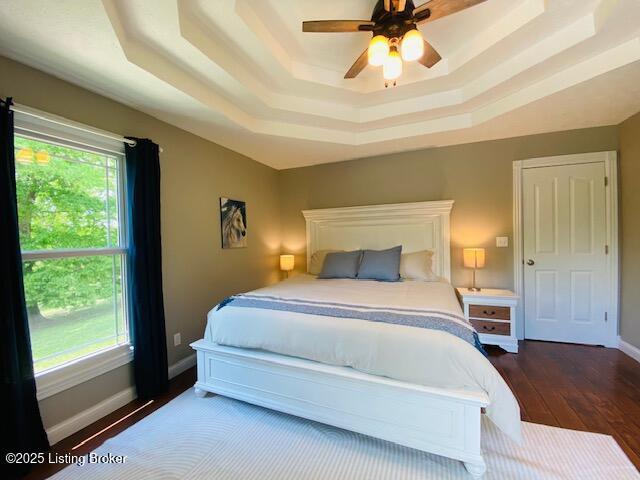 1300 Midway Ln, Springfield, KY 40069 - bedroom featuring a tray ceiling, wood finished floors, baseboards, and ceiling fan