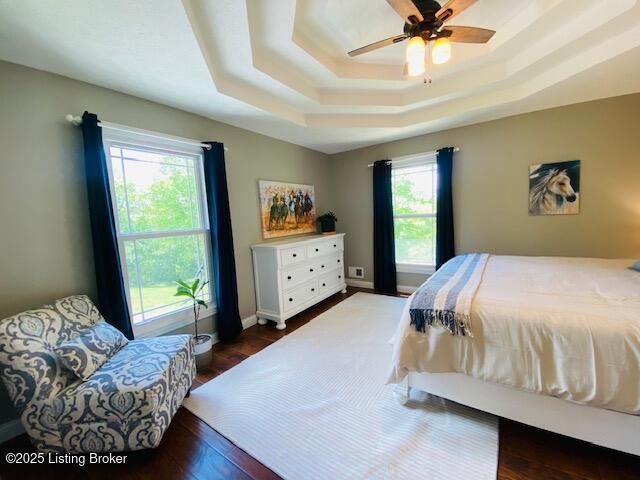 1300 Midway Ln, Springfield, KY 40069 - bedroom featuring a tray ceiling, dark wood finished floors, a ceiling fan, and baseboards