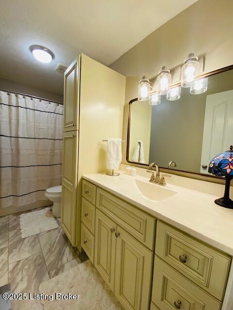 1300 Midway Ln, Springfield, KY 40069 - bathroom with vanity, toilet, marble finish flooring, and curtained shower