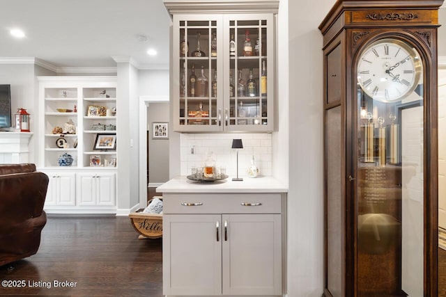 2421 Irish Bend Ct, Fisherville, KY 40023 - bar featuring a bar, recessed lighting, dark wood-style flooring, ornamental molding, and decorative backsplash