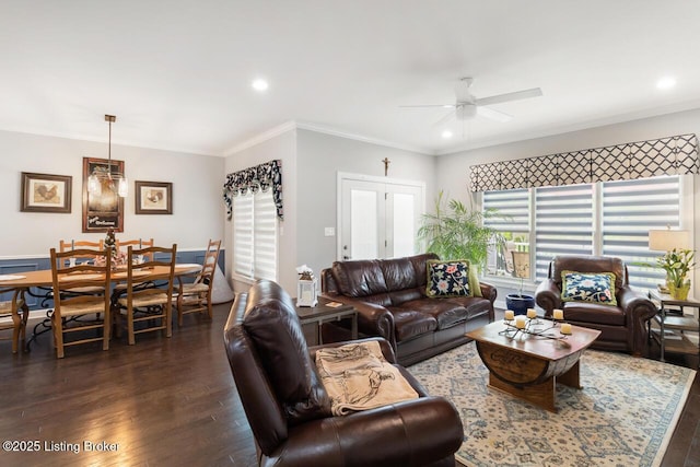 2421 Irish Bend Ct, Fisherville, KY 40023 - living room with dark wood-style flooring, ornamental molding, recessed lighting, and ceiling fan