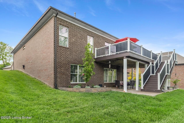 2421 Irish Bend Ct, Fisherville, KY 40023 - rear view of house featuring a yard, a wooden deck, a patio, and brick siding