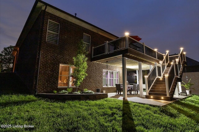 2421 Irish Bend Ct, Fisherville, KY 40023 - rear view of property with a balcony, a yard, brick siding, a patio area, and stairway