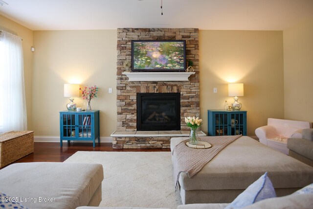 803 Urton Woods Way, Louisville, KY 40243 - living area with wood finished floors, a fireplace, baseboards, and a ceiling fan