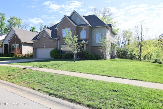 803 Urton Woods Way, Louisville, KY 40243 - traditional-style house with brick siding, concrete driveway, a garage, a front lawn, and central AC unit