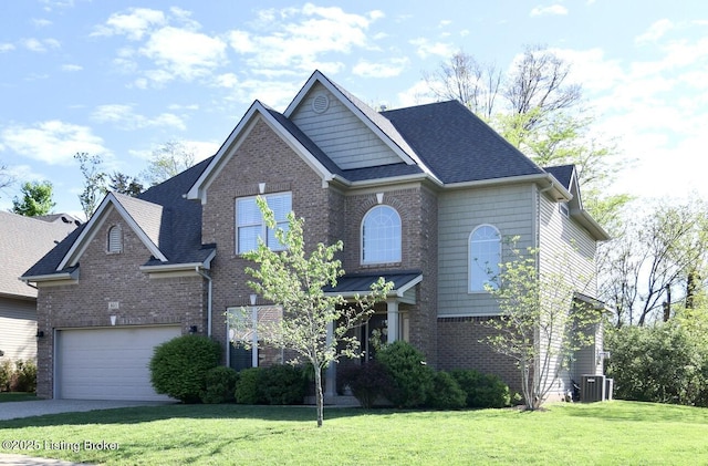 803 Urton Woods Way, Louisville, KY 40243 - traditional-style house with brick siding, a front lawn, central air condition unit, concrete driveway, and a shingled roof