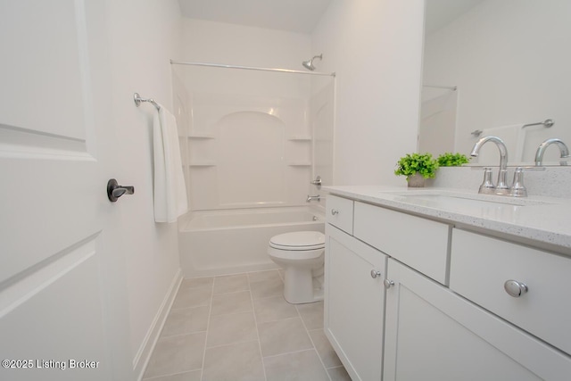 full bath featuring shower / bathtub combination, toilet, baseboards, tile patterned floors, and vanity