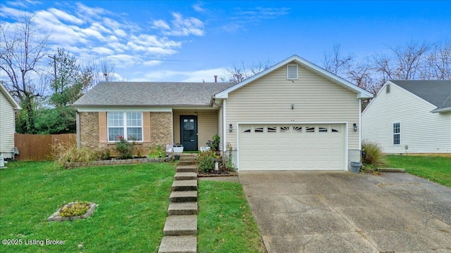 1312 Cedar Springs Pkwy, La Grange, KY 40031 - ranch-style house featuring brick siding, fence, an attached garage, concrete driveway, and a front lawn