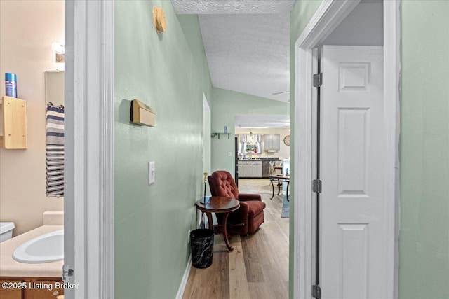 1312 Cedar Springs Pkwy, La Grange, KY 40031 - bathroom with vanity, a textured ceiling, and wood finished floors