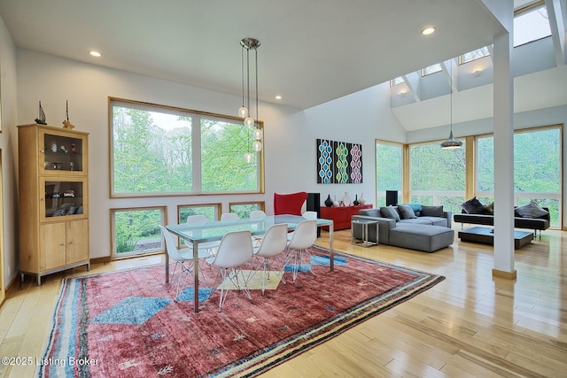 1301 S Buckeye Ln, Goshen, KY 40026 - dining space featuring high vaulted ceiling, plenty of natural light, wood-type flooring, and recessed lighting