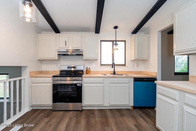4804 Mike Ct, Louisville, KY 40291 - kitchen featuring a sink, stainless steel range with electric stovetop, beam ceiling, dishwashing machine, and under cabinet range hood