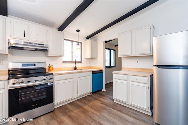 4804 Mike Ct, Louisville, KY 40291 - kitchen with a sink, stainless steel appliances, white cabinets, beamed ceiling, and under cabinet range hood