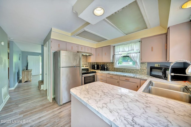 7110 Textile Ave, Louisville, KY 40258 - kitchen with appliances with stainless steel finishes, a sink, light wood finished floors, decorative backsplash, and light countertops