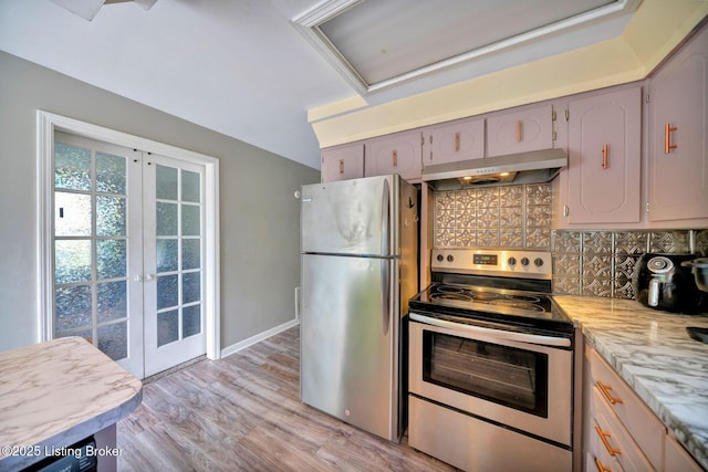 7110 Textile Ave, Louisville, KY 40258 - kitchen with appliances with stainless steel finishes, under cabinet range hood, tasteful backsplash, and french doors