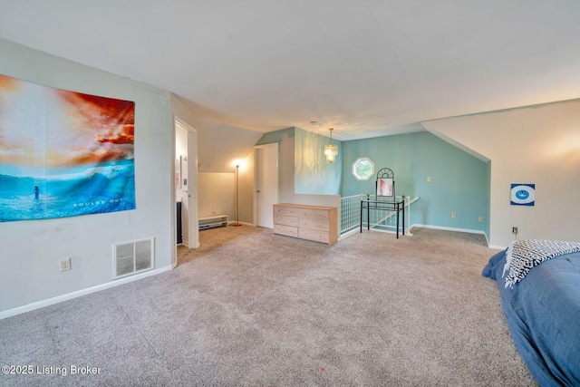 7110 Textile Ave, Louisville, KY 40258 - bedroom featuring carpet flooring, vaulted ceiling, baseboards, and a baseboard radiator