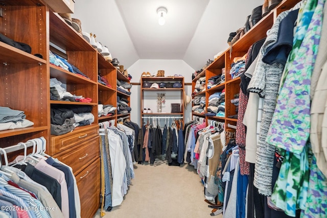spacious closet featuring carpet floors and vaulted ceiling