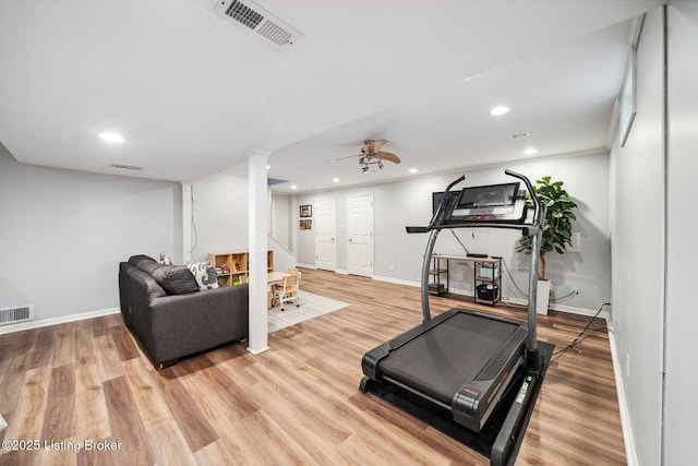 exercise room with baseboards, wood finished floors, recessed lighting, and ceiling fan