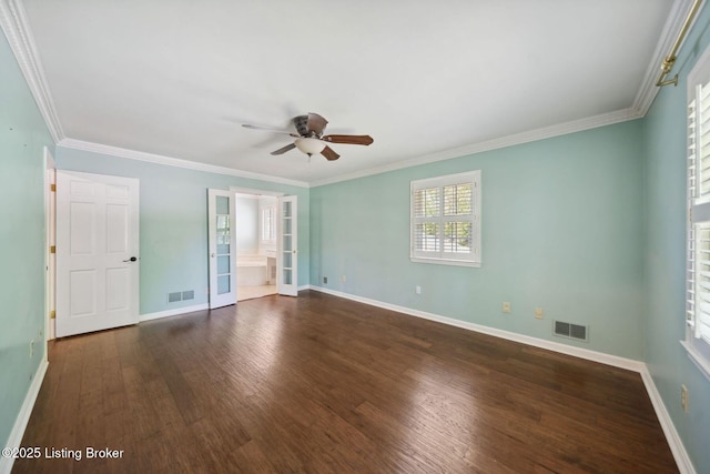 3804 Pramany Ct, Jeffersontown, KY 40299 - empty room with ceiling fan, french doors, wood finished floors, baseboards, and crown molding
