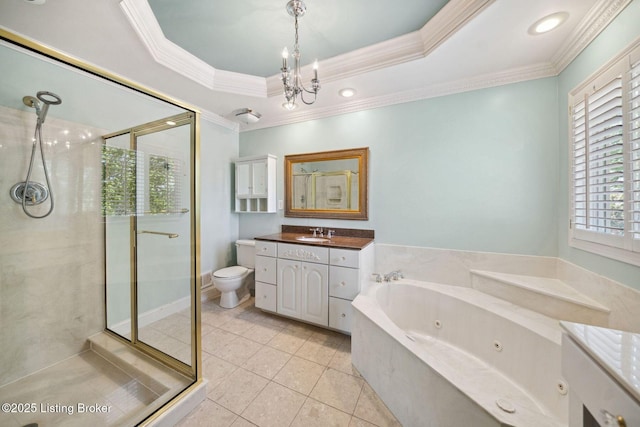 bathroom featuring crown molding, a stall shower, vanity, a chandelier, and tile patterned flooring